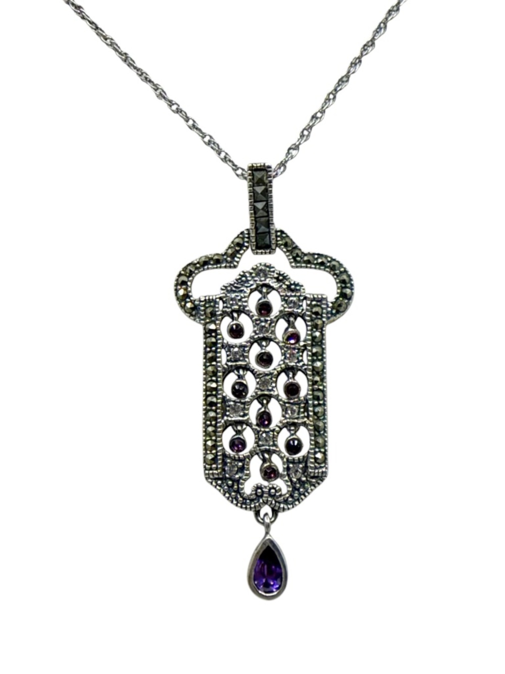 Vintage sterling silver marcasite & crystal pendant - GM294